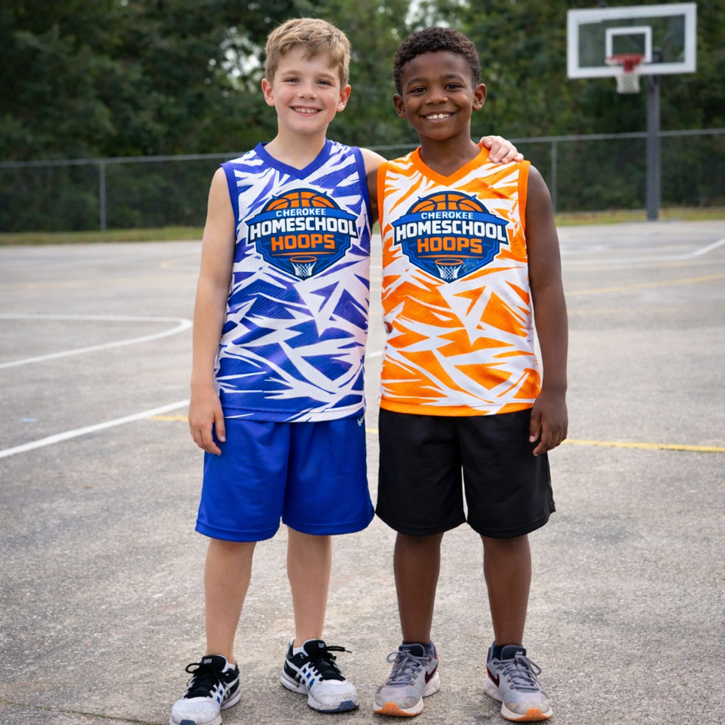 Elementary players in Cherokee Homeschool Hoops jerseys